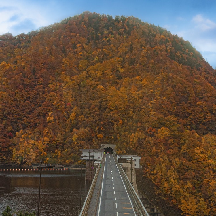 [相片1]北海道札幌的定山溪水坝虽然离市中心有点远，但这是一个受欢迎的地方，许多人参观只是为了看到来自全国各地的红叶。这条通往红叶山的隧道总是值得一看。
