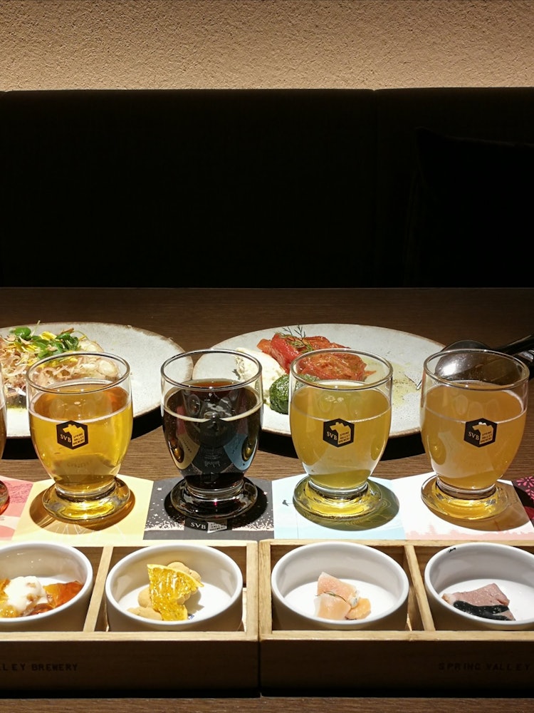 [画像1]京都市スプリングバレーブルワリー。クラフトビール飲み比べ。それぞれのビールに合うおつまみ付きセット。町家改造のお店。古い建具やお庭がいい感じ。