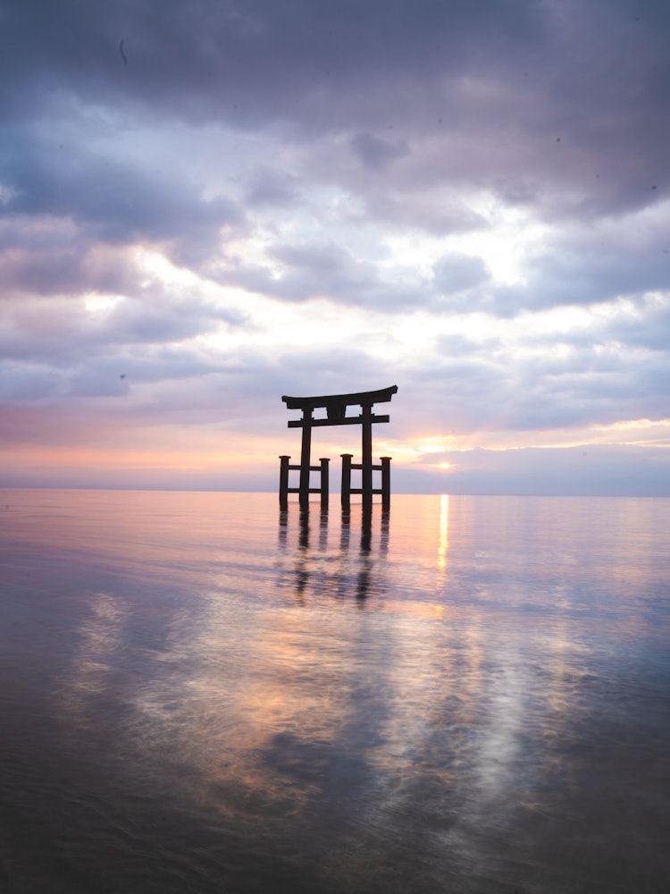 [相片1]滋贺县的“白幡神社”太阳下山时，我对日落和漂浮在湖面上的鸟居感到非常奇怪。 我深受感动，滋贺县有如此奇妙的事情。