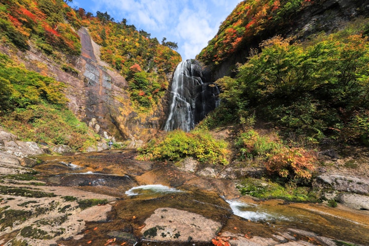 [相片1]它是秋田縣北秋田市的安之瀧瀑布。 這個瀑布所在的中之谷形成於奧阿尼的最深處約8公里。 安諾瀧的落差約為90米，是一個美麗的兩階段瀑布，周圍的景色很美，是被選為“日本100個最佳瀑布”第二名的著名瀑布。