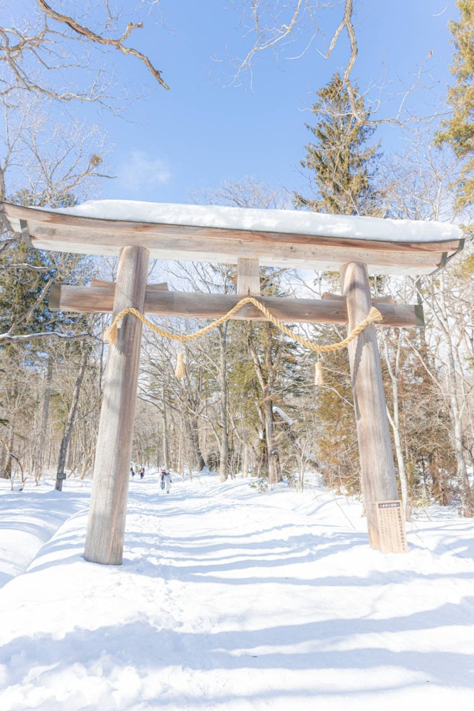 [相片1]被雪包裹的鳥居門這是長野縣戸隠神社的鳥居門。 在雪季，進場道路像這樣積滿了雪。 天氣很好，倒影使😆美麗更加明顯