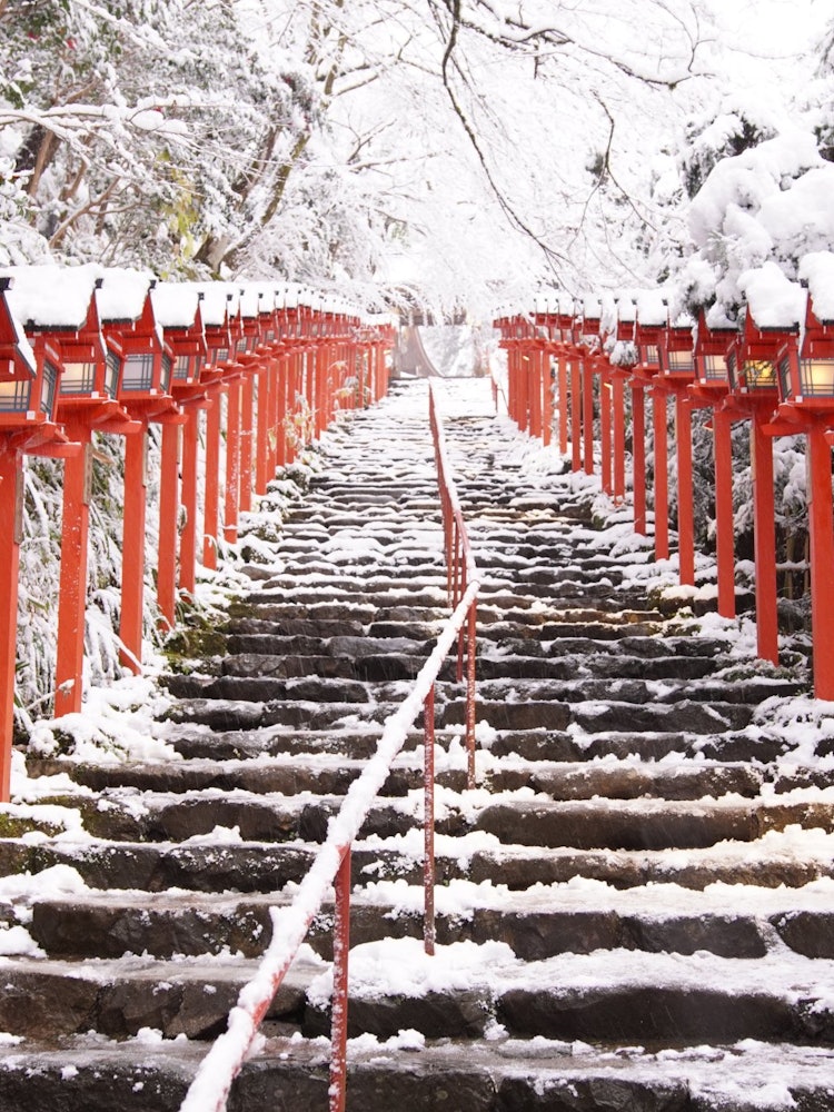 [Image1]Snow Kifune Shrine. The red lanterns shine against the snow.It takes about 30 minutes to walk along 