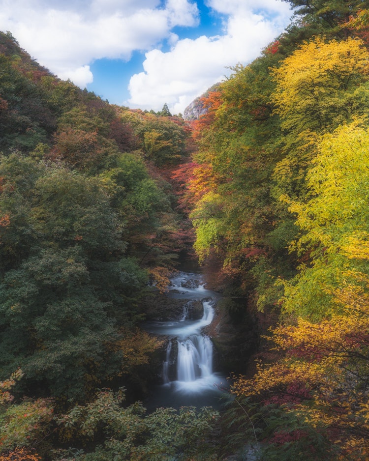 [Image1]Houmei Shiju Hachitaki Falls at the entrance of Sakunami Onsen called Sendai's Okuzashiki.Waterfalls