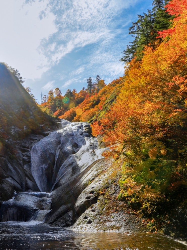 [Image1]It is a rare type of waterfall located deep in the mountains of Moriyoshiyama in Akita Prefecture. T