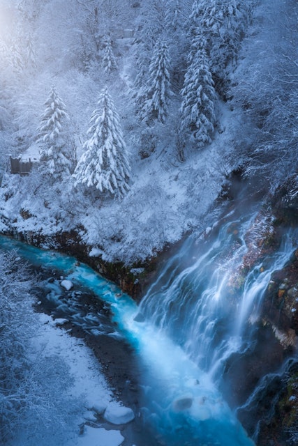[画像1]美瑛町白髭の滝厳冬期の朝、凍りついた木々と岩の間を流れおちるち青い川へと冬ならではの美しい寒さです