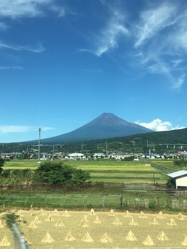 [Image1]Mt. Fuji seen from the window of the bullet train. There are many small triangles in the rice fields