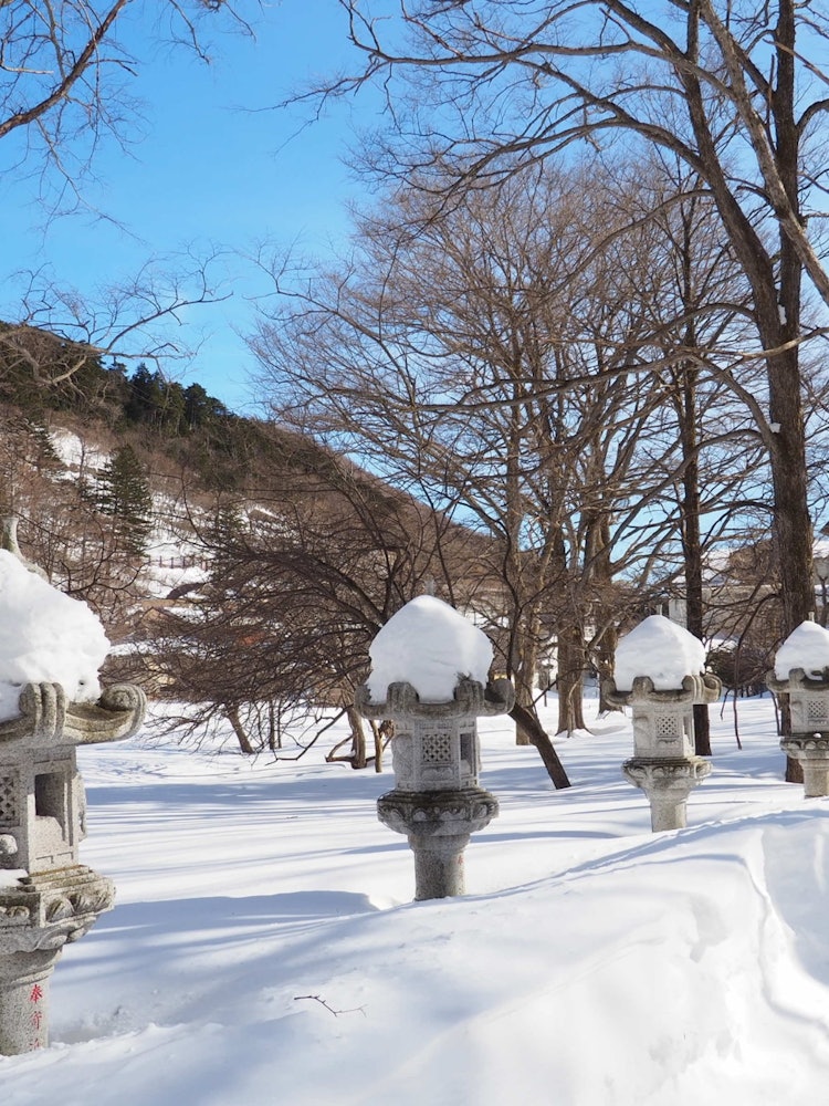 [相片1]枥木县奥日光温泉寺的途径被灯笼覆盖的雪花排成一排，就像戴着一顶匹配的帽子。一条木制小路从通往汤本源头的中间。木制小径的景色也很棒。
