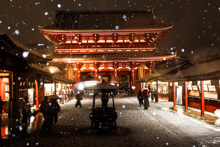 [이미지1]도쿄 아사쿠사!센소지 사원의 눈 덮인 풍경.드문 도쿄의 눈, 두근 두근!