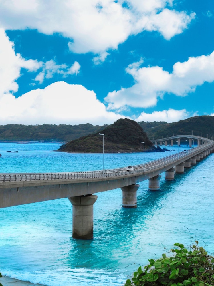 [Image1]The view of Tsunoshima Bridge The emerald green sea was beautiful.