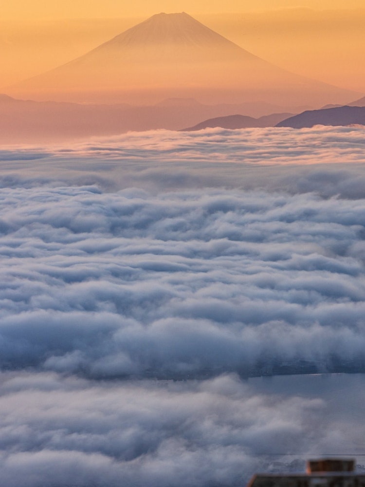 [相片1]雲海和富士山在高博知高原的黎明。當早晨的太陽開始升起時，富士山將東方的天空變成橙色漸變並變成紅色。 一個幻想的世界擴大了。拍攝於長野縣高保知高原。