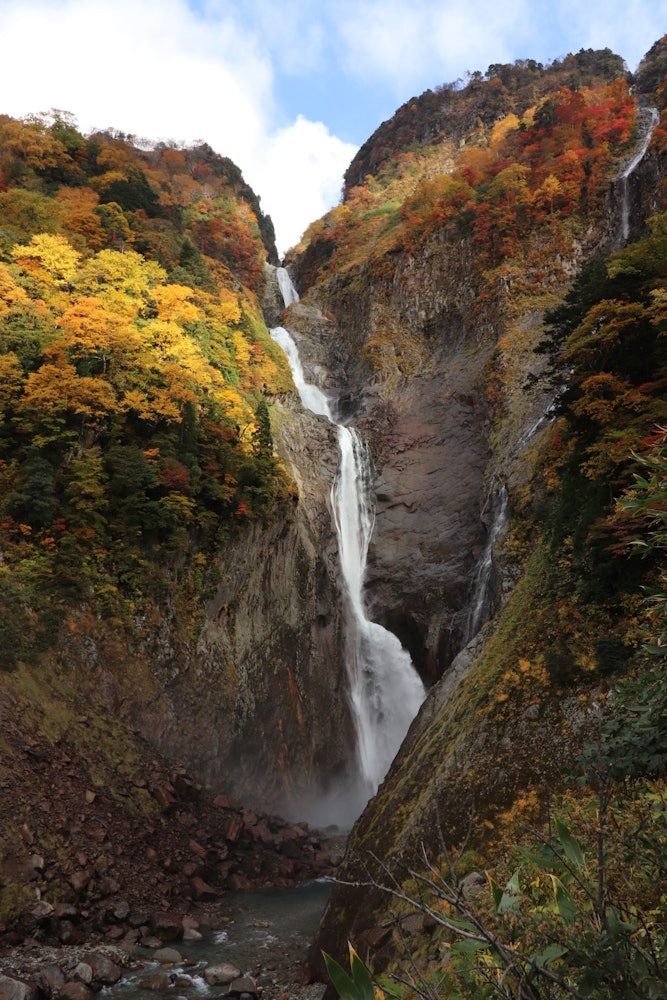 [相片1]富山縣立山町黃紅相間的秋葉，蔚藍的天空，清澈湛白的瀑布，十分美麗