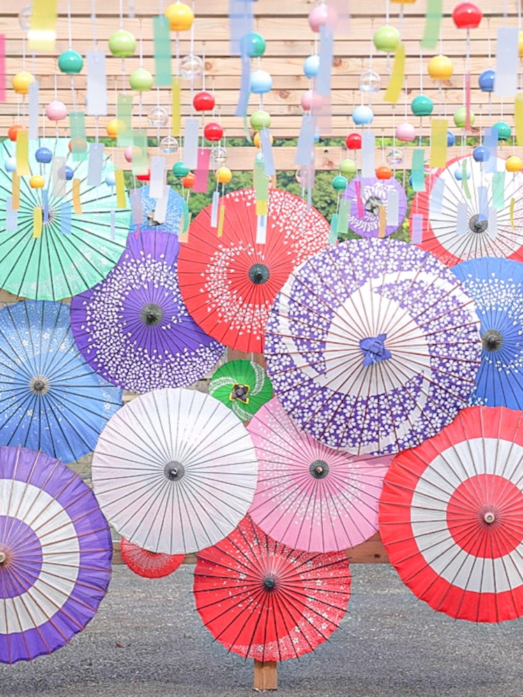 [相片1]这是一个非常可爱的地方，装饰着20把五颜六色的日本雨伞和300个风铃，在“修复城镇景观”中，再现了福井市一城朝仓氏遗址的城下町。风吹过时，风铃的声音令人愉悦，夏日的天空，风铃的声音，日本雨伞的颜色使游