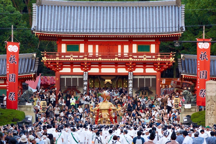 [画像1]祇園祭の山鉾巡行の日の夕方に行われる神輿渡御。八坂神社の山門前に三基の神輿と担ぎ手たちが集います。望遠レンズで遠くからの撮影でも、担ぎ手や観客たちの熱気が伝わってきました。