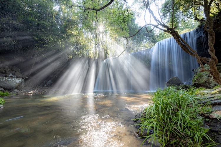 [画像1]熊本県鍋ヶ滝滝のカーテン水飛沫により光が反射し現れる美しい自然の景色