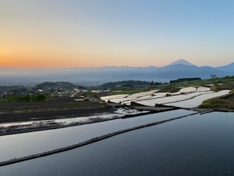[画像2]【中野の棚田】 R6.5.4中野の棚田の様子です。 水が張られた水面と日の出のグラデーションがきれいです！ 富士山のシルエットもしっかり写って、今日の始まりの時間です。