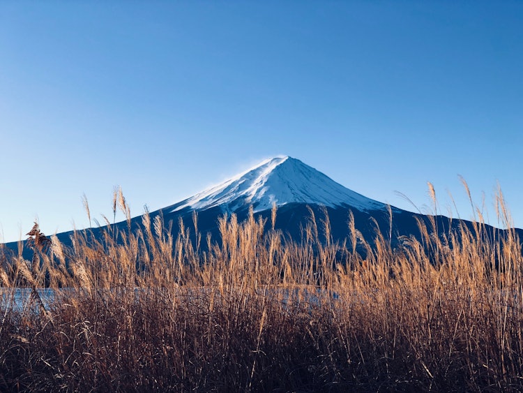 [画像1]山梨県、河口湖湖畔にて。 2022年元旦、初日の出を見届けた後の爽やかでエネルギーに満ち溢れた晴天のもとの富士山。