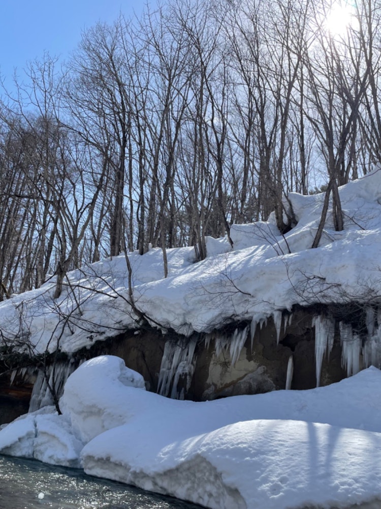 [画像1]岩手県西和賀町で撮影した写真です。川釣りをしている途中で見つけた氷柱。3月半ばでも道路脇に雪壁できている西和賀町で見られる風景。川釣りは釣れなくても、自然の景色を楽しみ澄んだ空気を吸って心が洗われるの