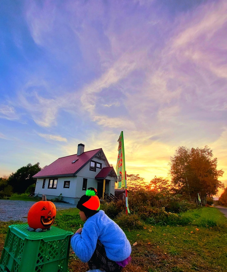 [画像1]秋の夕暮れ🌆娘っことカボチャのランタンにろうそくをつけるのがにっかです(^^)