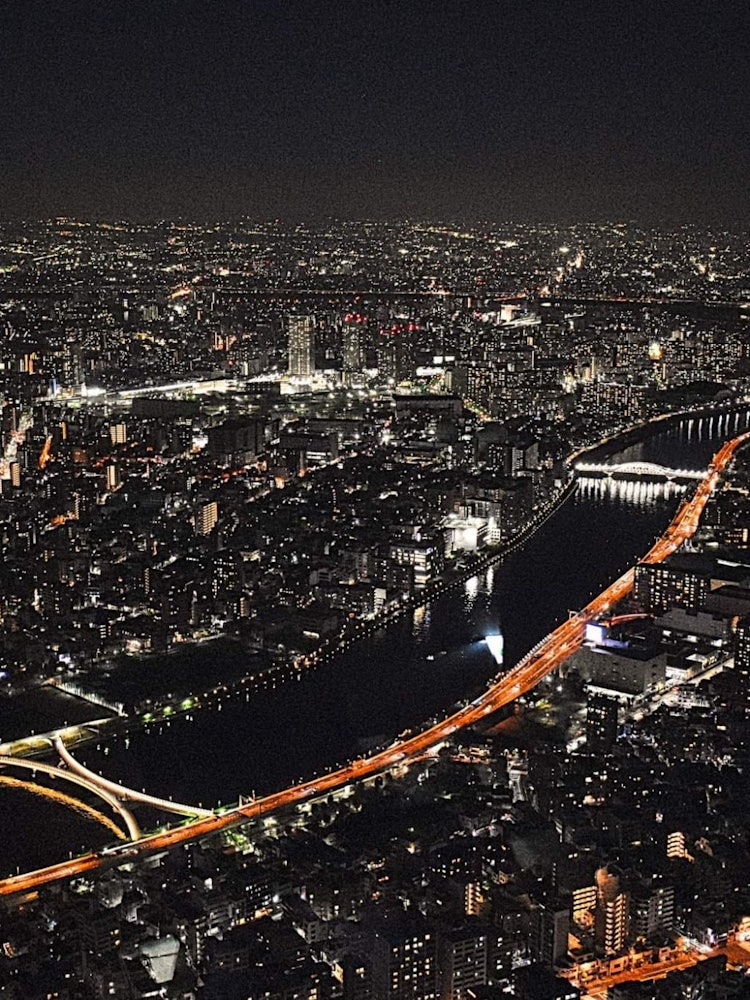[相片1]從晴空塔可以看到迷人的城市景觀。東京市在夜晚看起來如此美麗。為了看到這種城市景觀，我參觀了東京的幾個觀景台，如東京塔，台場的富士電視塔，晴空塔，森塔。這張照片是從東京晴空塔天望甲板上拍攝的。我真的很喜