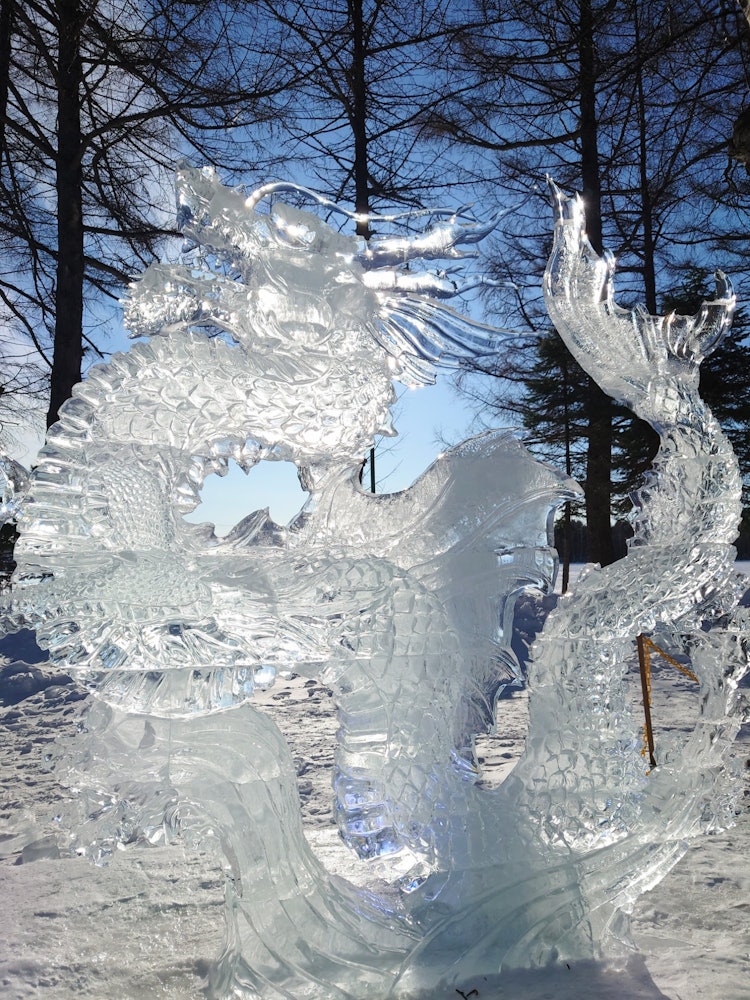 [画像1]第61回おびひろ氷まつりの関連事業第40回北海道氷彫刻展冬季帯広大会で帯広市長賞に選ばれた「水竜」です。氷のブロックを何段にも重ねてノコ、ノミ、リューター、ヒートガン等の工具を使って仕上げて行きます。
