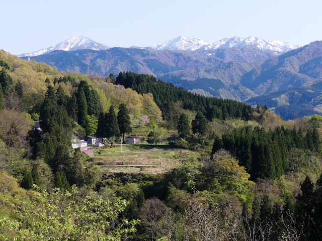[画像1]「医王の里」春の医王山の麓の村。 見上峠付近から撮影。遠くに加賀富士や白山系の山々が見える。