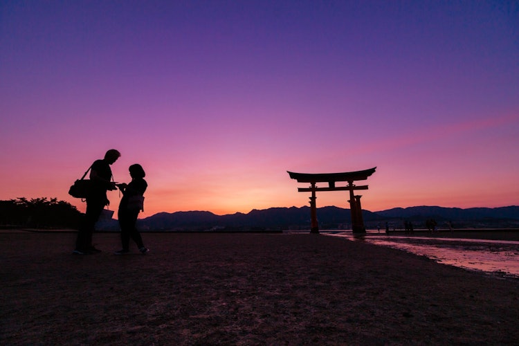 [Image1]This is a sunset view of Miyajima in Hatsukaichi City, Hiroshima Prefecture. The torii gate on Miyaj
