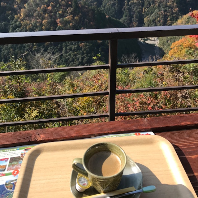 [Image1]西山ドライブウェイ展望台のカフェから、保津峡を眺めた写真です、眼下には保津川下りの船が微かに写っているかと、cafeへどうぞおこしやす。