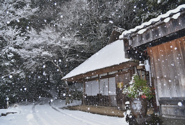 [画像1]熊野古道中辺路コースにある茅葺屋根の休憩所「とがの木茶屋」です。 秋の紅葉の季節も素晴らしいですが、訪れる人の少ない冬の雪景色はもっと素晴らしいと思います。