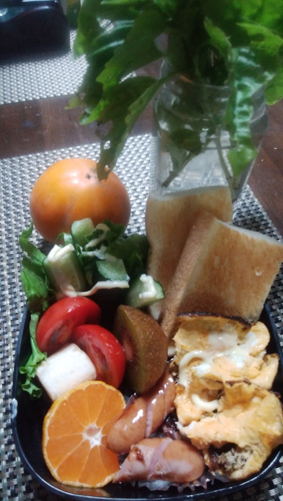 [Image1]The kitchen garden persimmon, basil, and lettuce salad, fried eggs, sausages, bread, etc., have an e