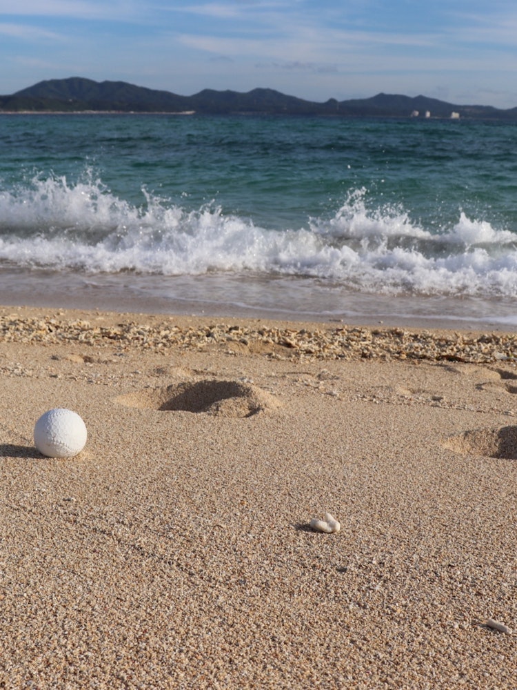 [이미지1]오키나와의 해변을 산책하면서 찍은 사진. 누군가에 의해 잃어버렸음에 틀림없는 새하얀 야구공 조각이 깊고 푸른 하늘과 바다, 아름다운 모래사장을 배경으로 빛난다. 파도가 부딪히는 역