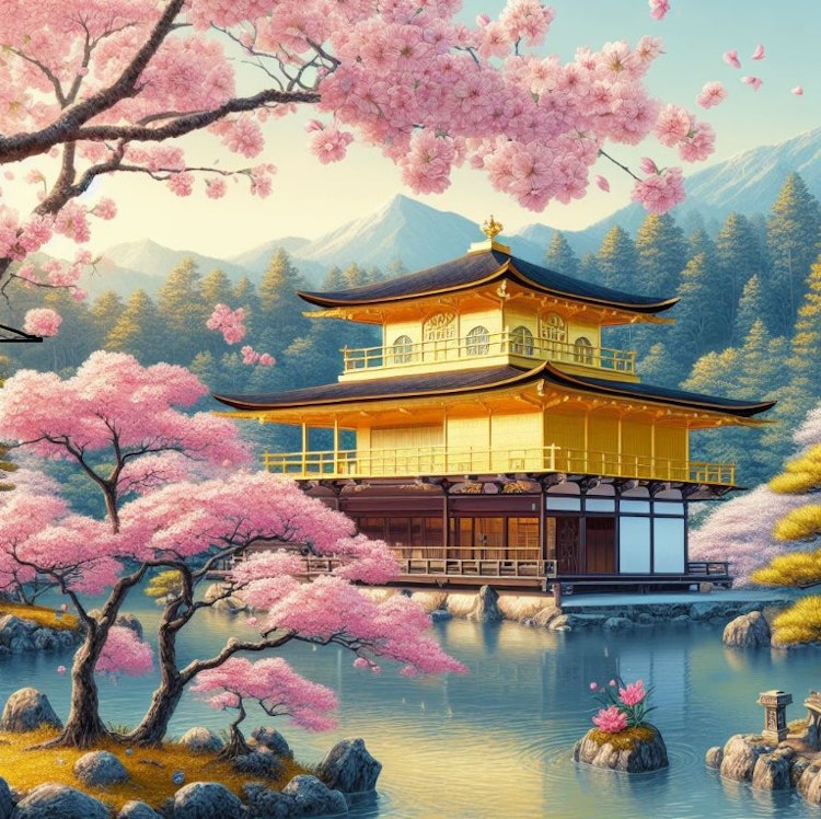 [相片1]照片的拍摄地点是金阁（金阁寺）。这张照片捕捉到了日本传统风景中常见的宁静与和谐的本质。它展示了建筑与自然的美丽融合，樱花盛开，平静的海水倒映着宁静的环境。这张照片唤起了一种平静和反思的感觉。花园设计中
