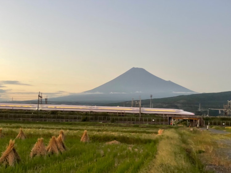 [画像1]秋の夕暮れ、収穫が終わった田んぼを横切る新幹線撮影場所 富士市中里