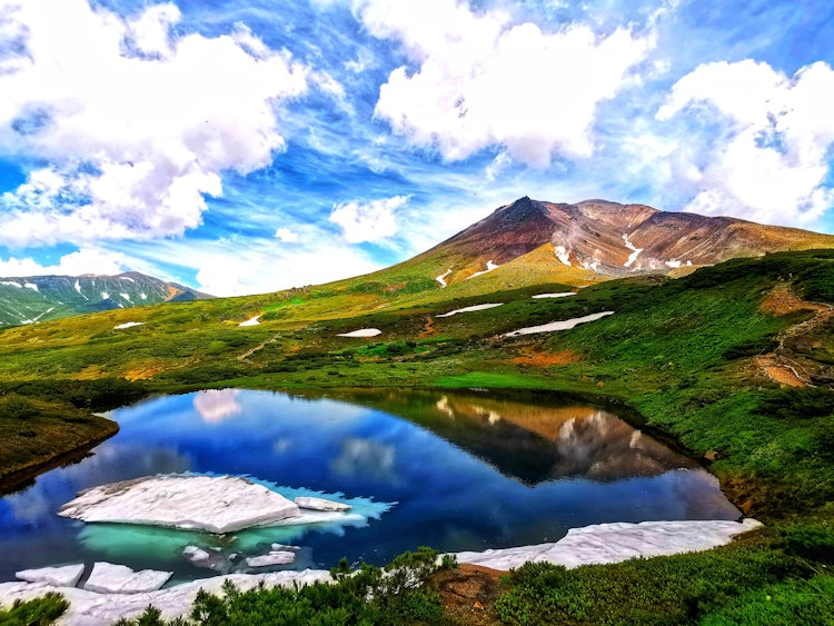 [相片1]初夏的旭岳。北海道短暫的夏天的到來。池塘美麗而蔚藍，還有雪。