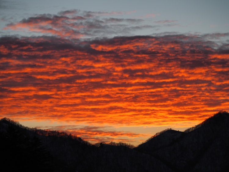 [相片1]奥日光中禅寺湖的日落，枥木县此时黄昏时分可以看到的绝佳景色鲜红的日落云彩就像着火了一样。我忘记了寒冷，爱上了它。一个你可以一次又一次来的地方