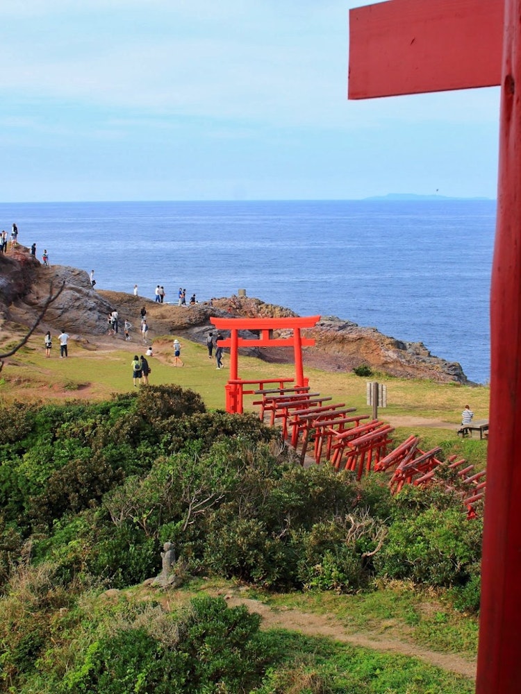 [画像1]山口県にある元乃隅稲荷神社です。 連なる赤い鳥居と、青い海の対比が美しい場所です。