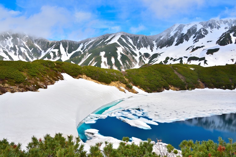 [画像1]📍富山県/立山黒部アルペンルート/ミクリガ池6月に撮影しました。 溶け残った雪のと池の青さが本当に美しいです✨