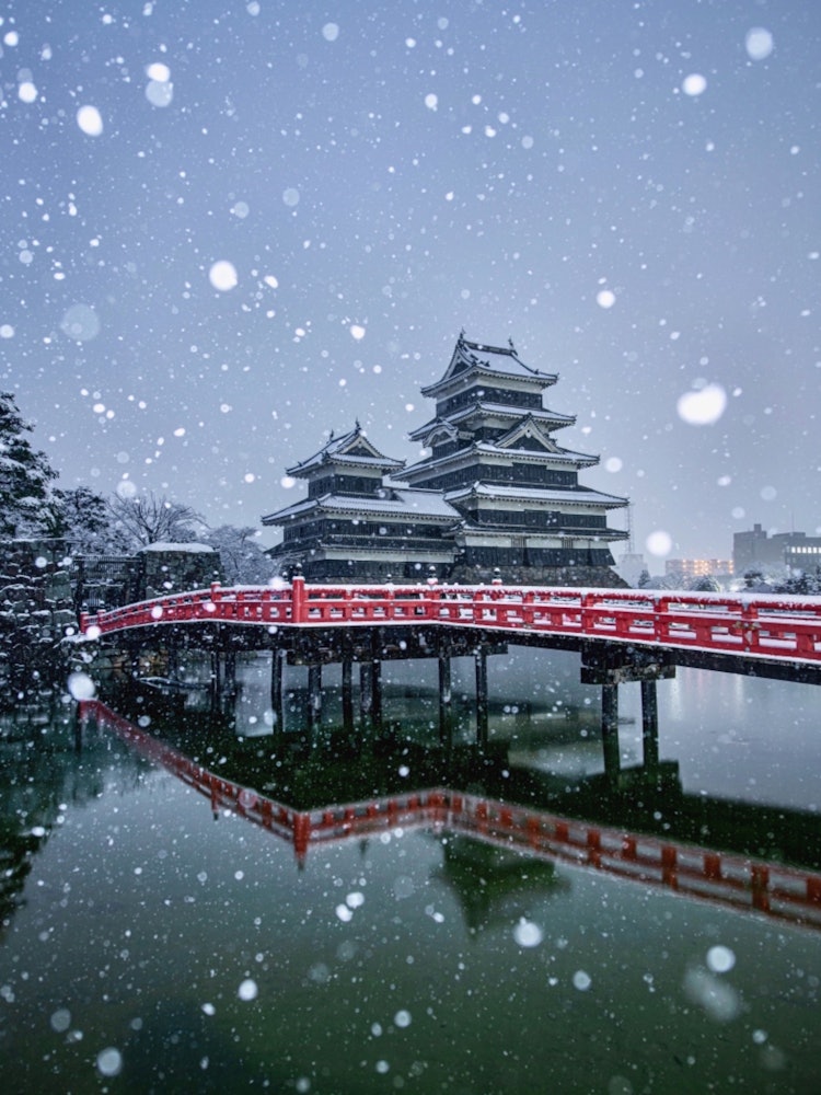[画像1]上雪舞う中の松本城長野県・松本市