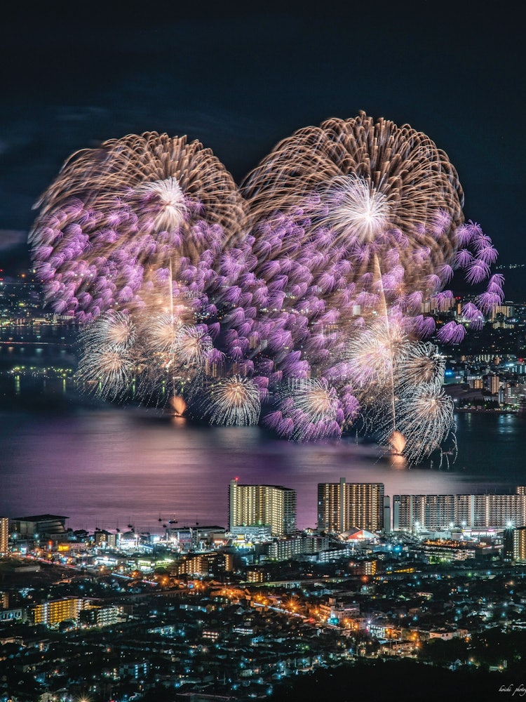[Image1]Lake Biwa Fireworks Festival.Photographed from the Mt. Hiei Observatory.Fireworks taken from above.