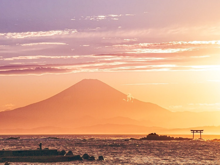 [相片1]日落時分從葉山真瀨港看到的富士山，飛越相模灣。在一個陽光明媚的夜晚，從這個地方看到的富士山看起來真的是金色的，而且很大。