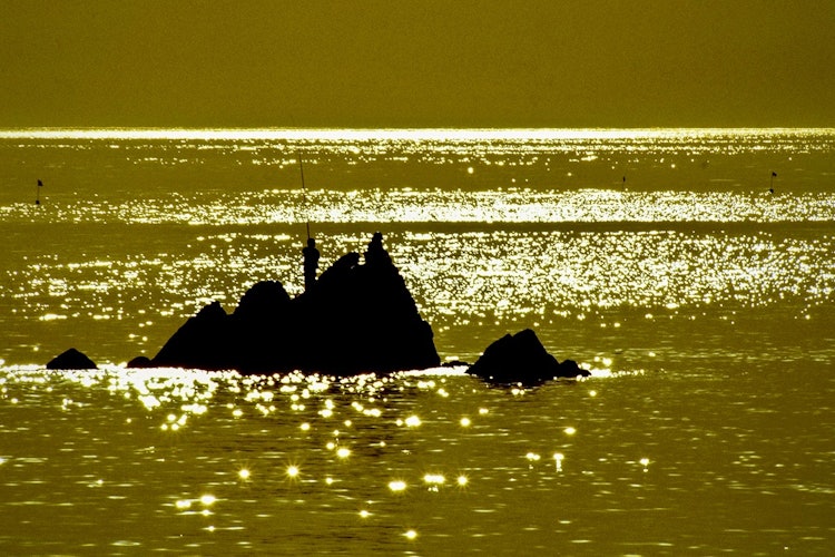 [相片1]在福井縣的河野海岸，午後的陽光照亮了海面，閃耀著美麗的金色光芒。