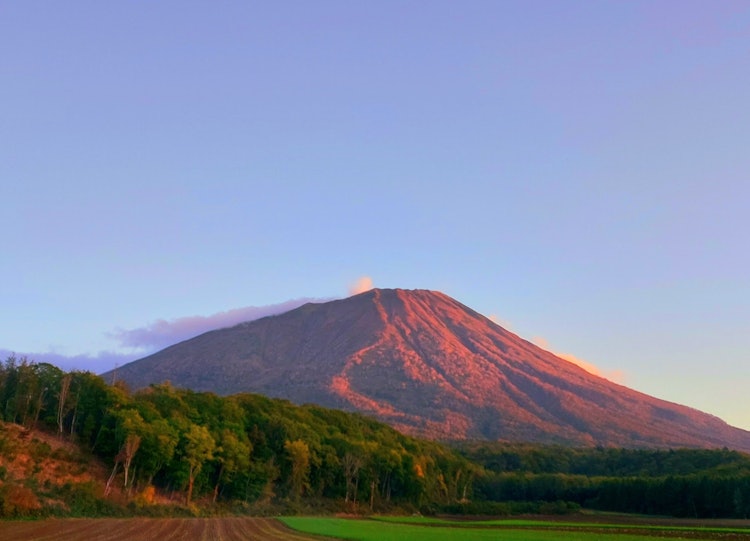 [画像1]こちらは少し前の朝焼けの羊蹄山。 時間によって、空の色、山の色、少しづつ染まってきて目が離せません✨