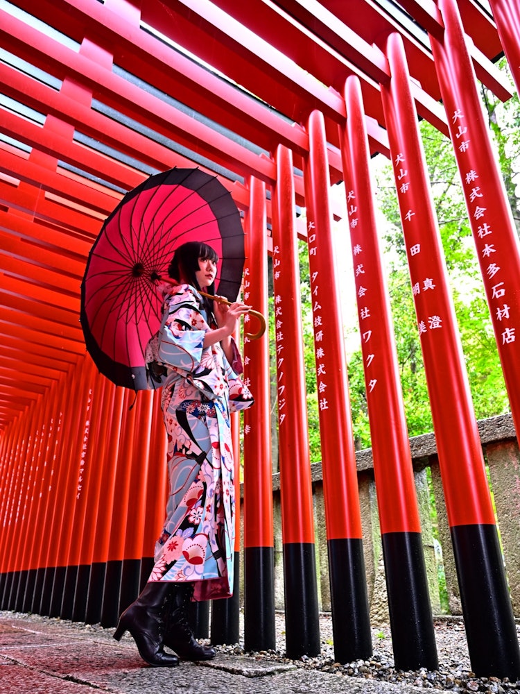 [画像1]愛知県の犬山市、犬山城にてポートレート撮影してきました。 針綱神社の鳥居にて着物とのコラボを行うとました！ 赤の和傘が映える！