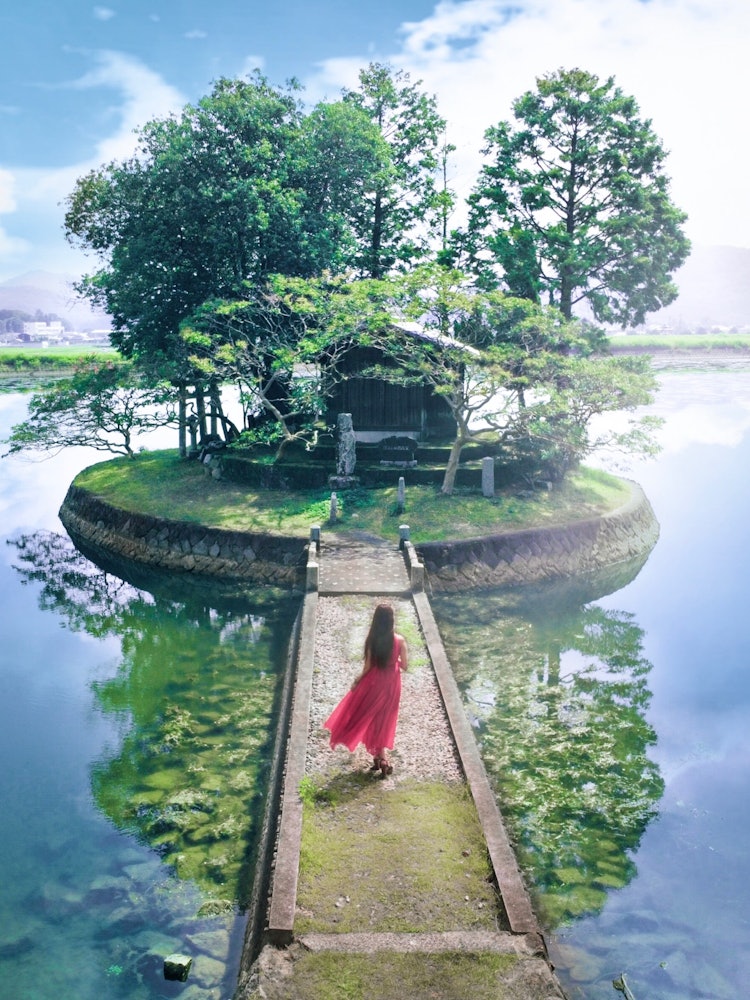 [画像1]兵庫県/須濱神社池に浮かぶ﻿小島に建てられた須濱神社⛩﻿水の神様、市杵島姫神が﻿祀られています✨﻿