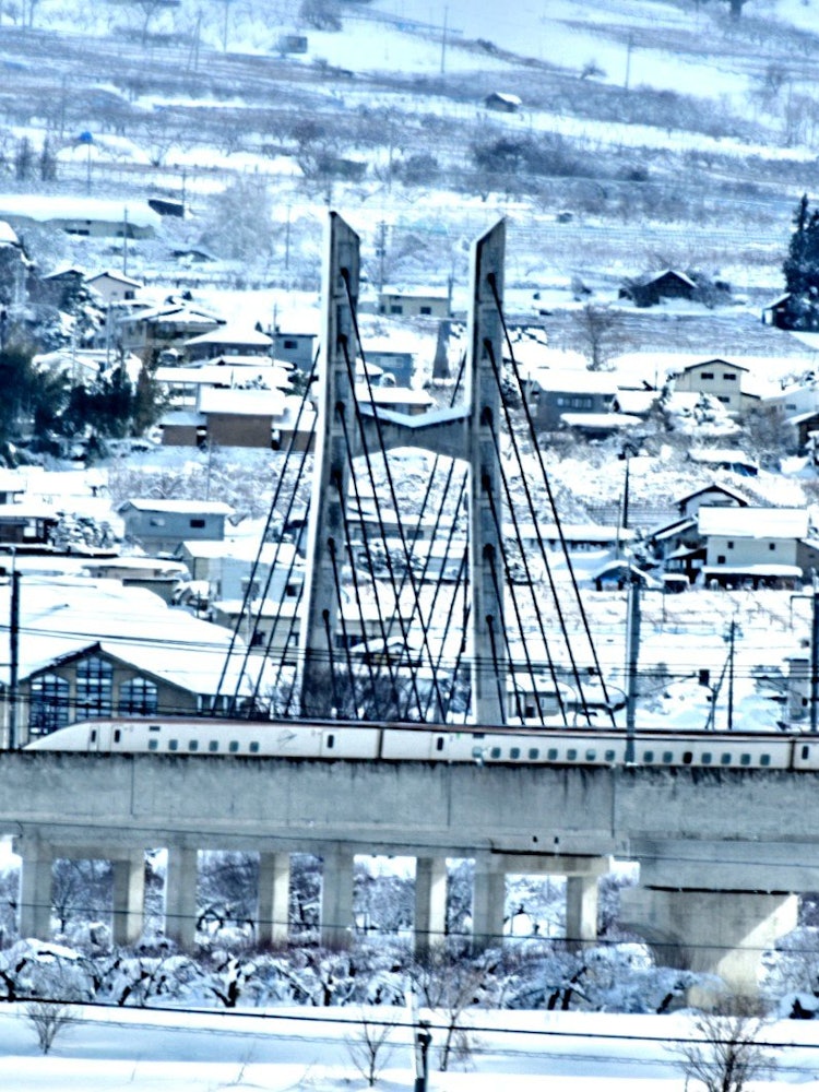 [画像1]北信州に積もった雪の中、新幹線が通り過ぎます。