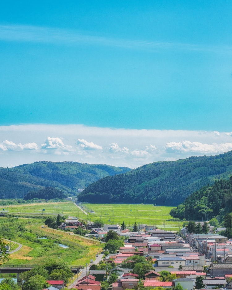 [画像1]宮城県登米市にある若草稲荷神社から見れる風景です。なんの変哲もない田舎の風景なのですが、青い空に緑の田園、そしてきれいな空気、ここは僕にとってお気に入りの場所です。