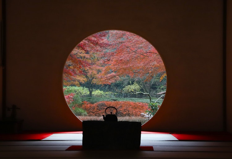[画像1]晩秋の鎌倉、明月院。 もみじの季節になると必ず訪れるお寺です。 丸窓は悟りの窓とも言われ、春夏秋冬違った風景を映し出しつつ、心に安らぎを与えます。 南部鉄器でしょうか、鉄瓶が美しいシルエットを描いてい