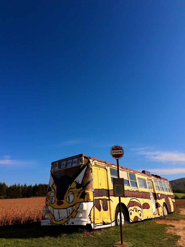 [Image1]Totoro Toge is located in Fukagawa, Hokkaido. Under the blue sky, there is a bus in the shape of a v