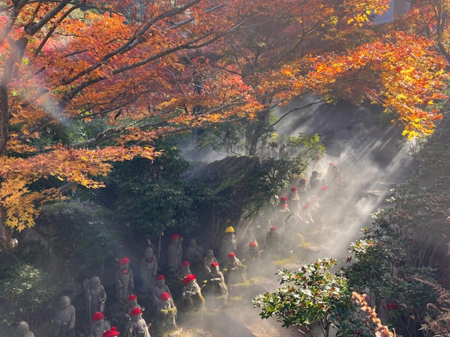 [画像1]「秋の霧」宮島の大正院を訪れた際、この秋の霧と、とてもかわいらしい地蔵像を目撃しました。霧、太陽の光、紅葉、地蔵像が驚くほど美しい雰囲気を醸し出しています。それは私の心を揺さぶり、私はこの特別な瞬間を