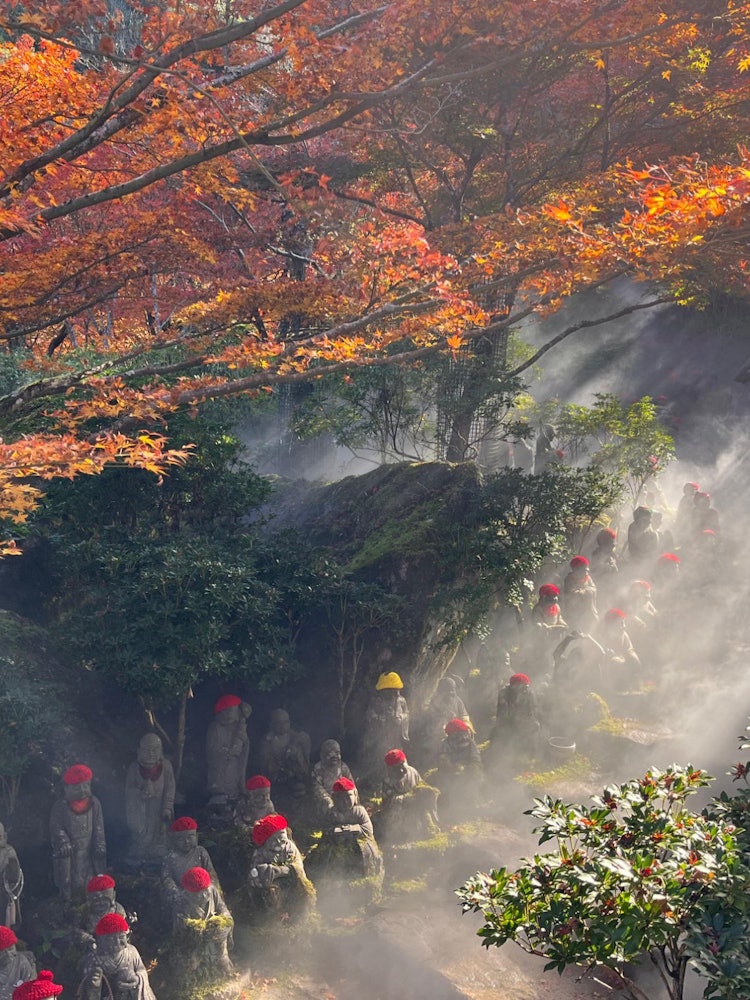 [画像1]「秋の霧」宮島の大正院を訪れた際、この秋の霧と、とてもかわいらしい地蔵像を目撃しました。霧、太陽の光、紅葉、地蔵像が驚くほど美しい雰囲気を醸し出しています。それは私の心を揺さぶり、私はこの特別な瞬間を